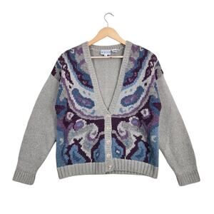 Vintage 90s Russ Mohair Blend Cardigan L Paisley Cottagecore Grandpa Knit